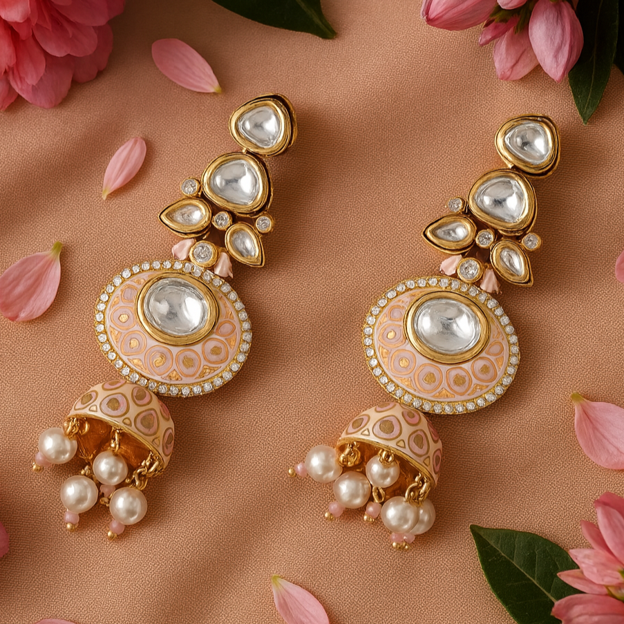 Ornate earrings with pearls on a pink floral background