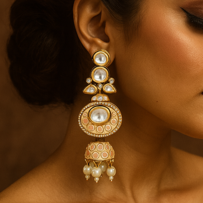 Close-up of a woman wearing an ornate gold earring with a brown background