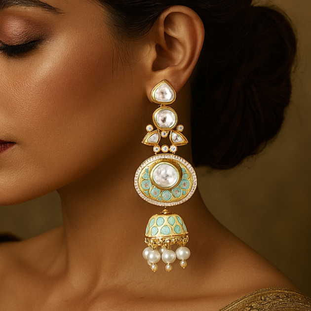 Woman wearing a gold saree with large, ornate earrings against a brown background