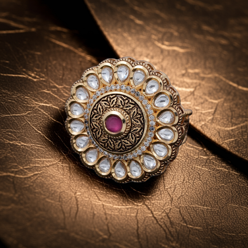 kundan ruby colored center stone & dia ring