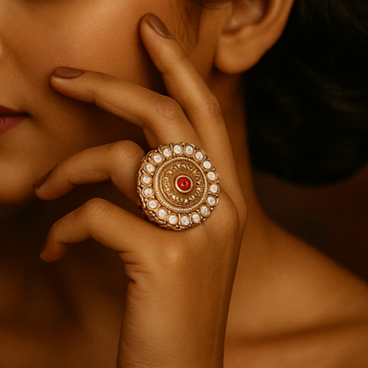 kundan ruby colored center stone & dia ring