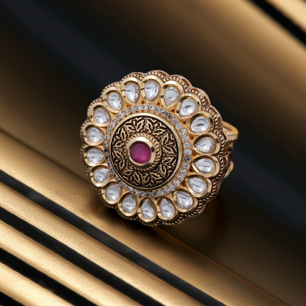 kundan ruby colored center stone & dia ring
