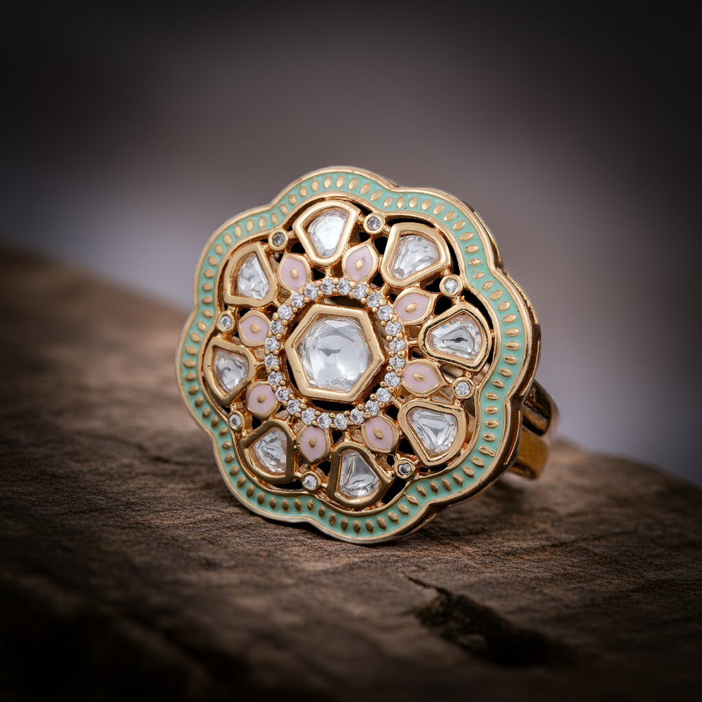 light green minakari polki kundan ring