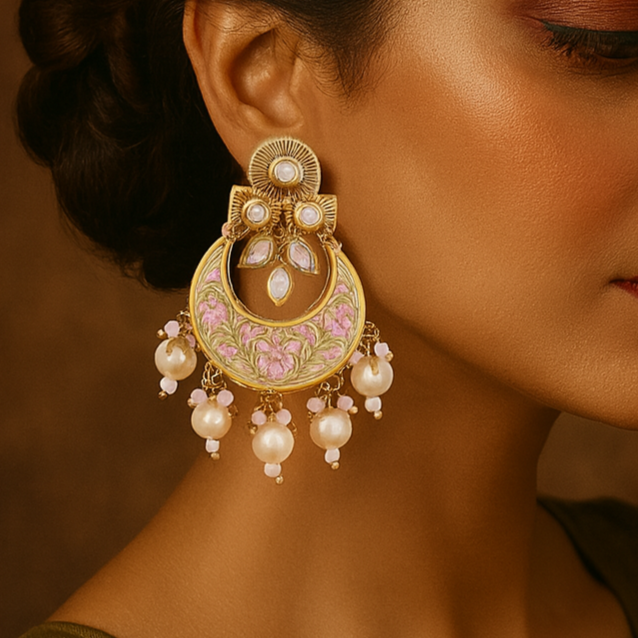 Woman wearing large, ornate earrings against a warm brown background