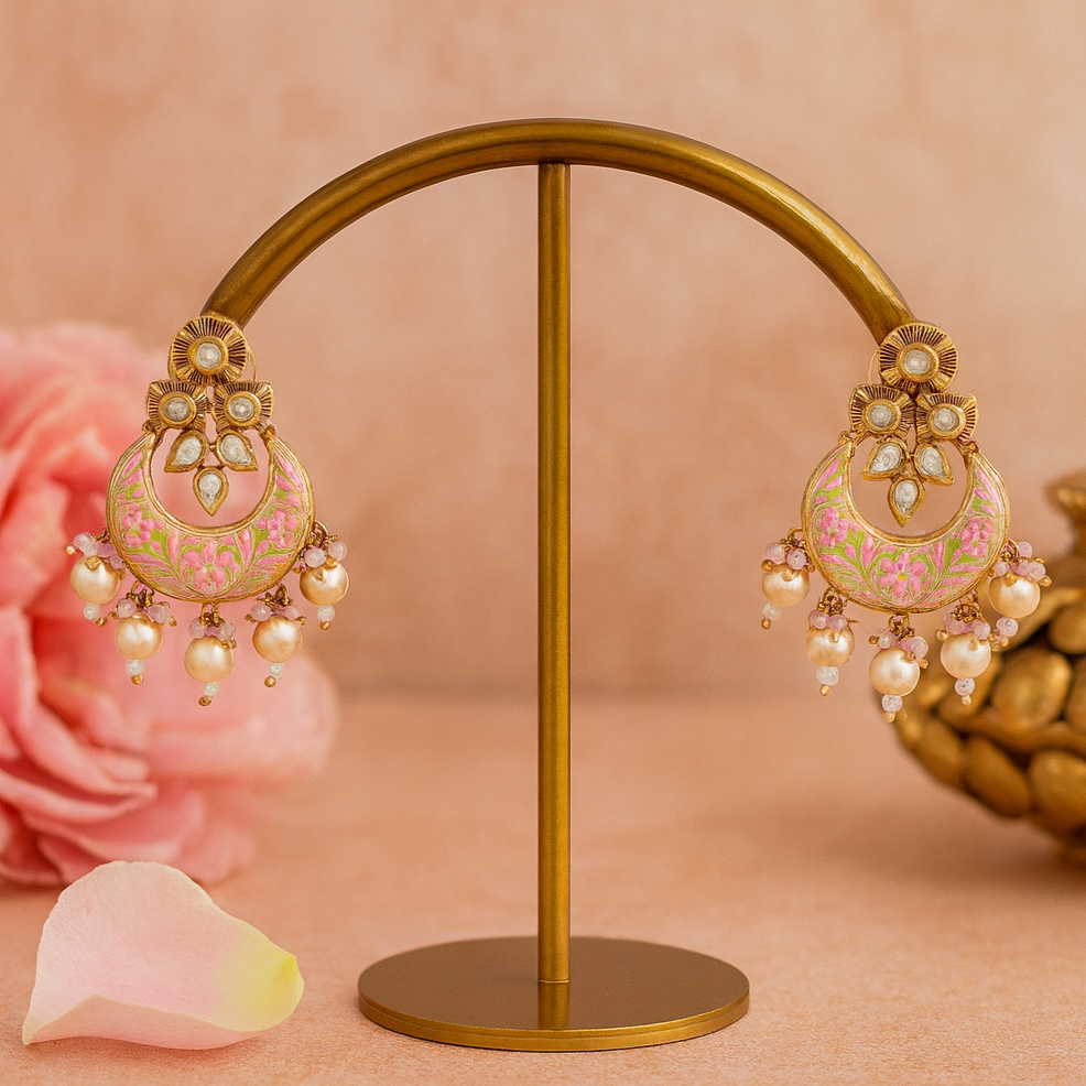 Meenakari Polki Pearl Pink Chandbali