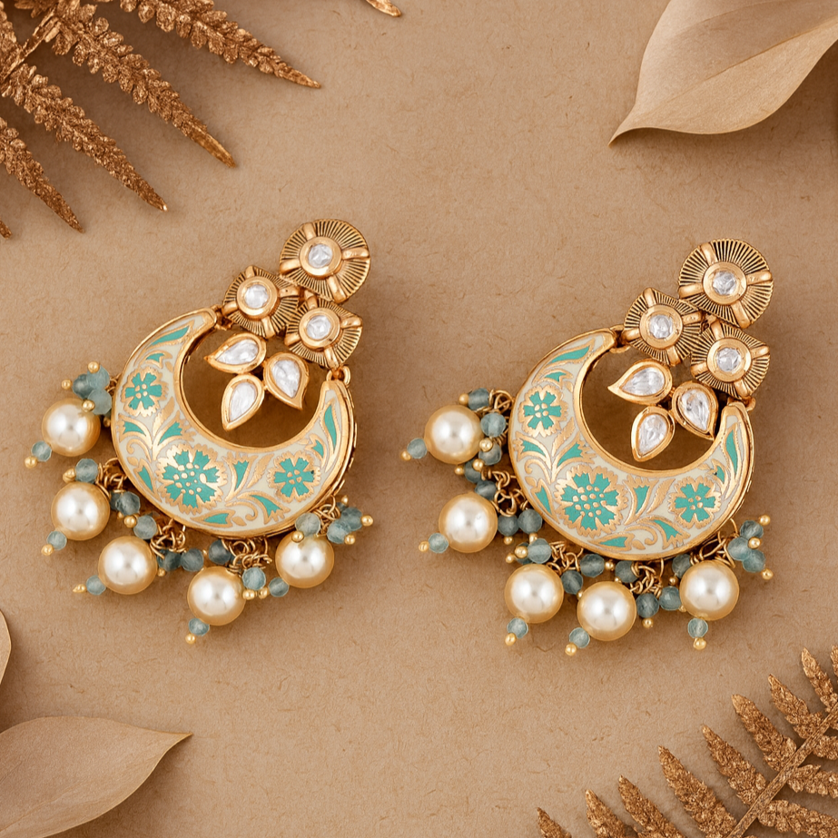 Ornate gold and pearl earrings on a brown background with decorative leaves.