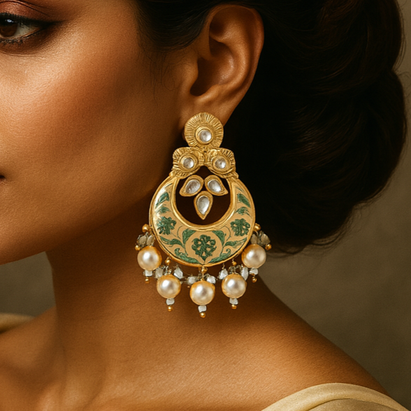 Woman wearing a pair of ornate gold earrings with a neutral background