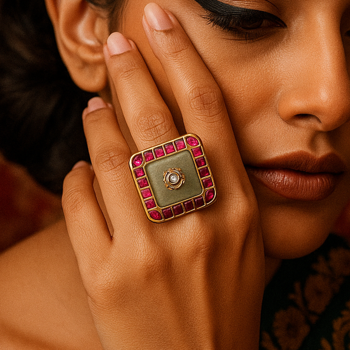 Moissanite & Ruby Color stone Kundan Ring - 1 center stone