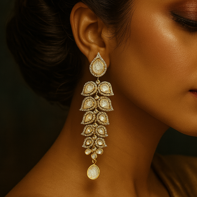 Woman wearing a pair of gold earrings with a dark background