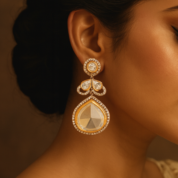 Woman wearing a pair of ornate earrings against a warm brown background