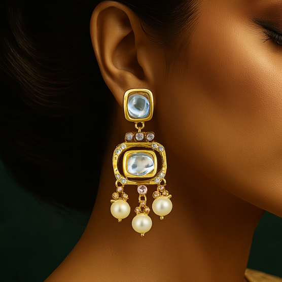 Woman wearing gold earrings with a dark background