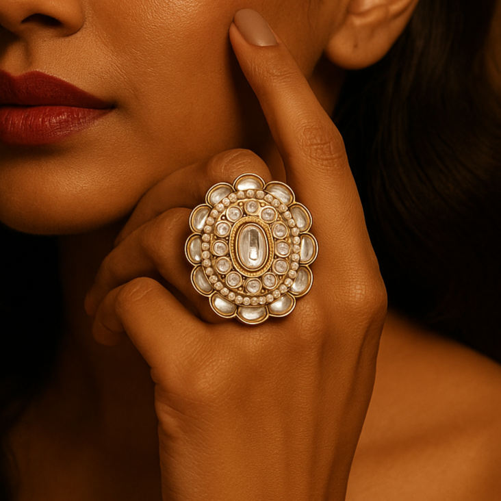 oval polki and pearl ring