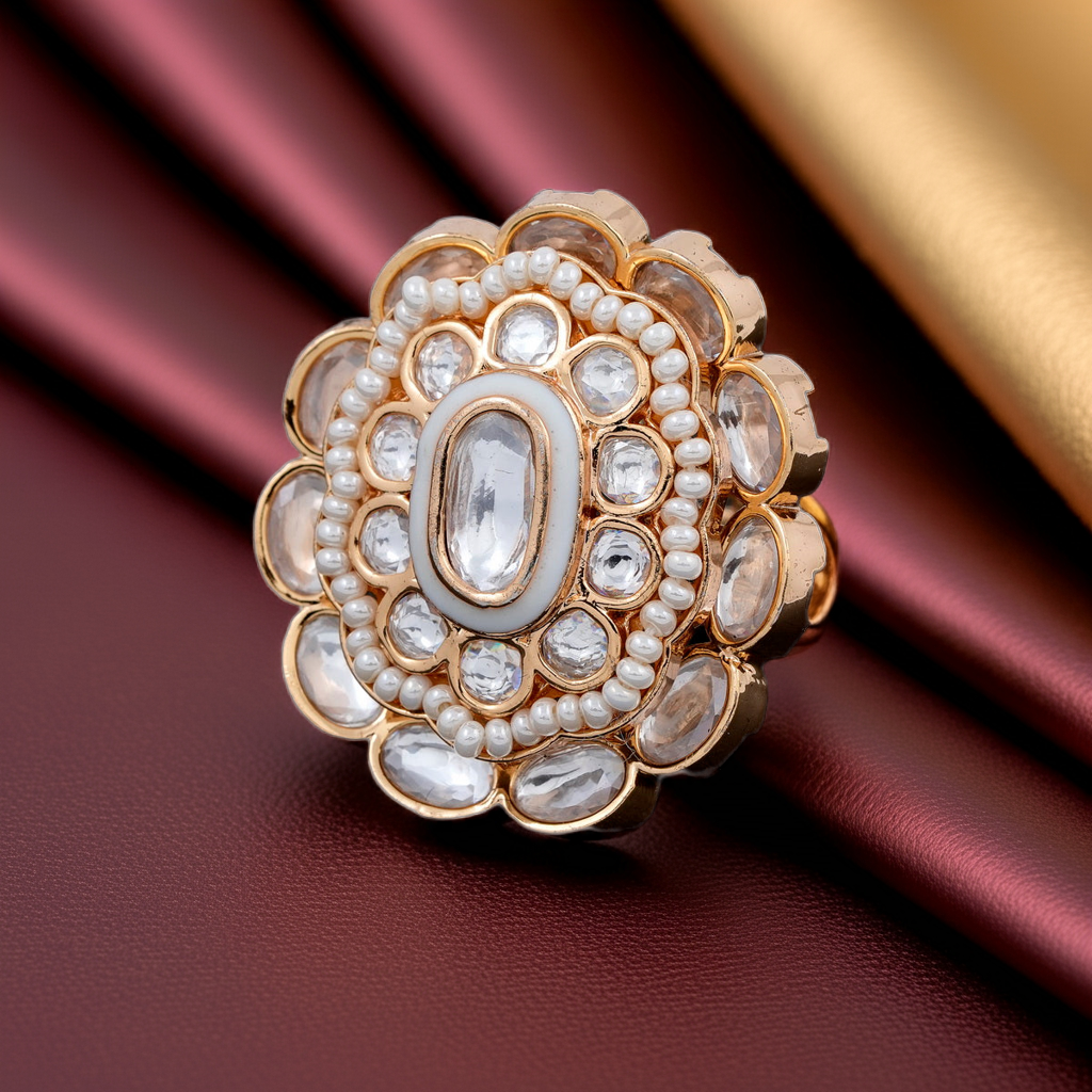 oval polki and pearl ring
