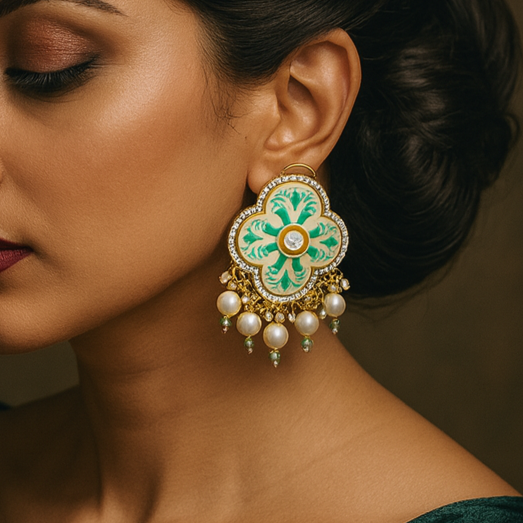 Woman wearing a green saree with a large, ornate earring against a dark background