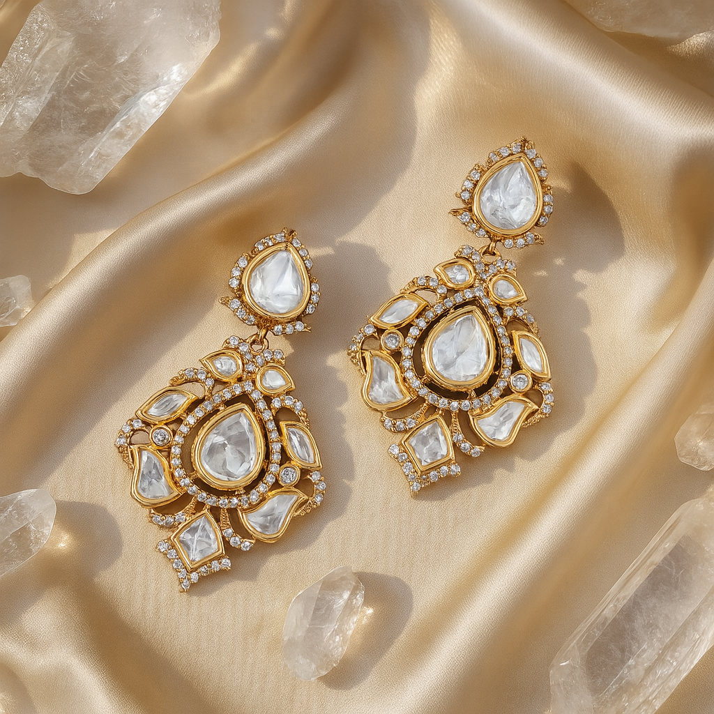 Gold and crystal earrings on a beige fabric background