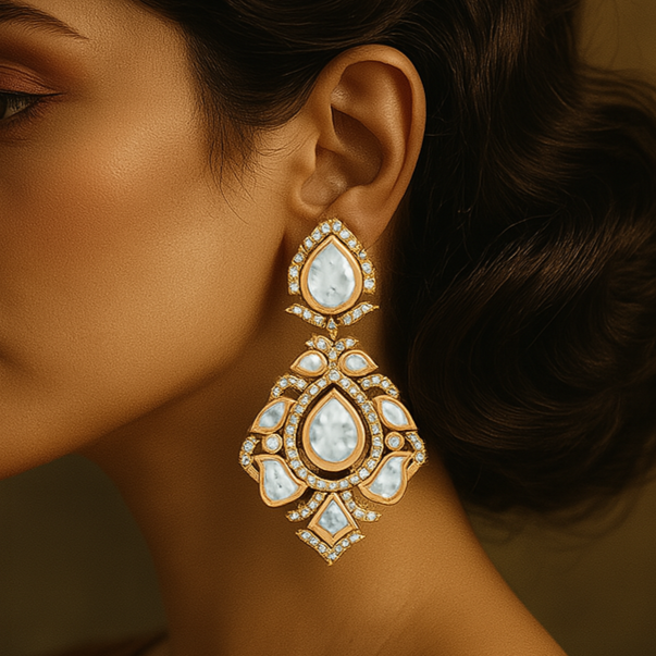 Woman wearing a pair of ornate earrings with a dark background