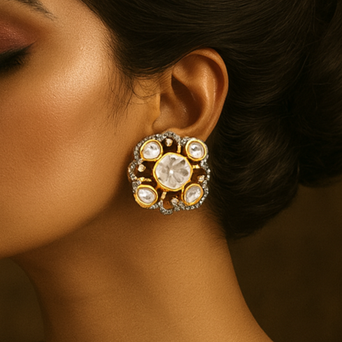 Woman wearing a large, ornate earring against a warm brown background