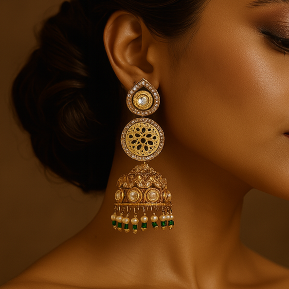 Woman wearing gold earrings with a warm brown background