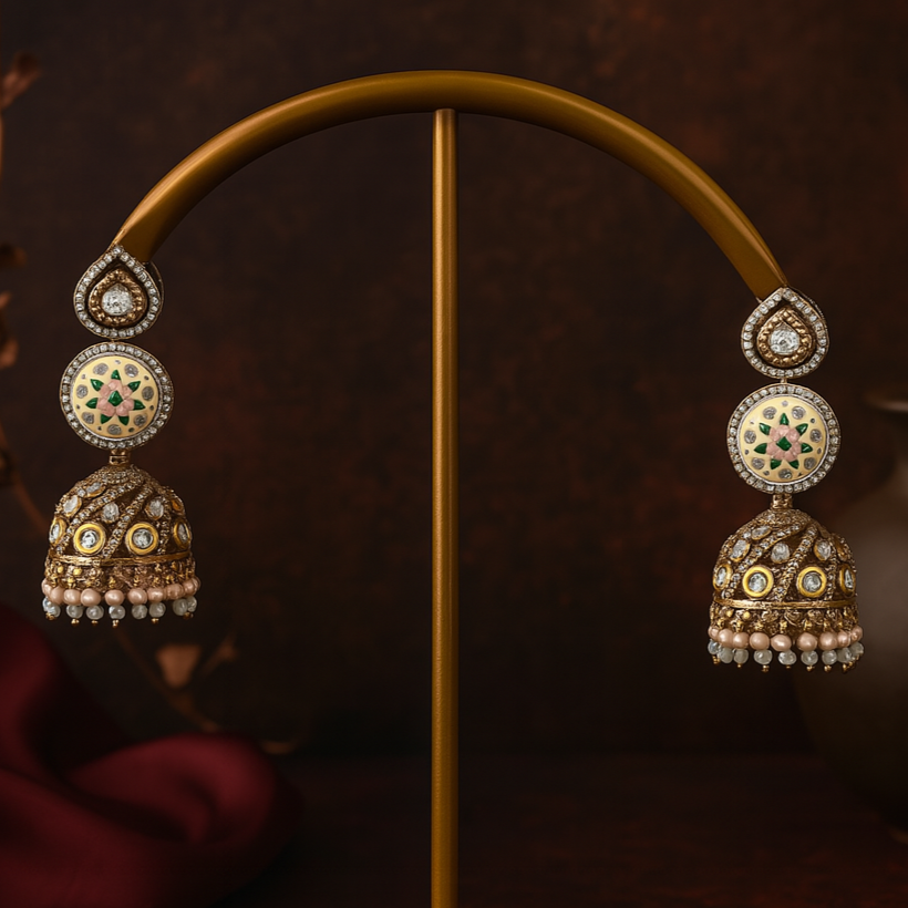 Ornate earrings on a gold stand against a dark background