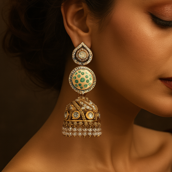 Woman wearing a large, ornate earring with a dark background