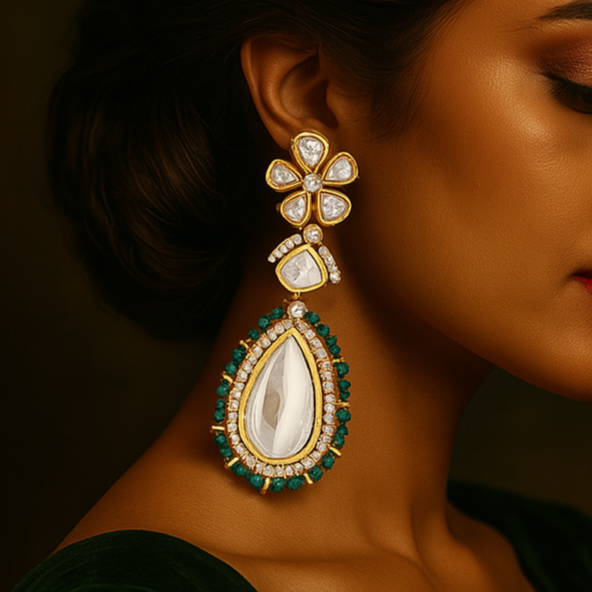 Woman wearing a pair of ornate earrings with a dark background