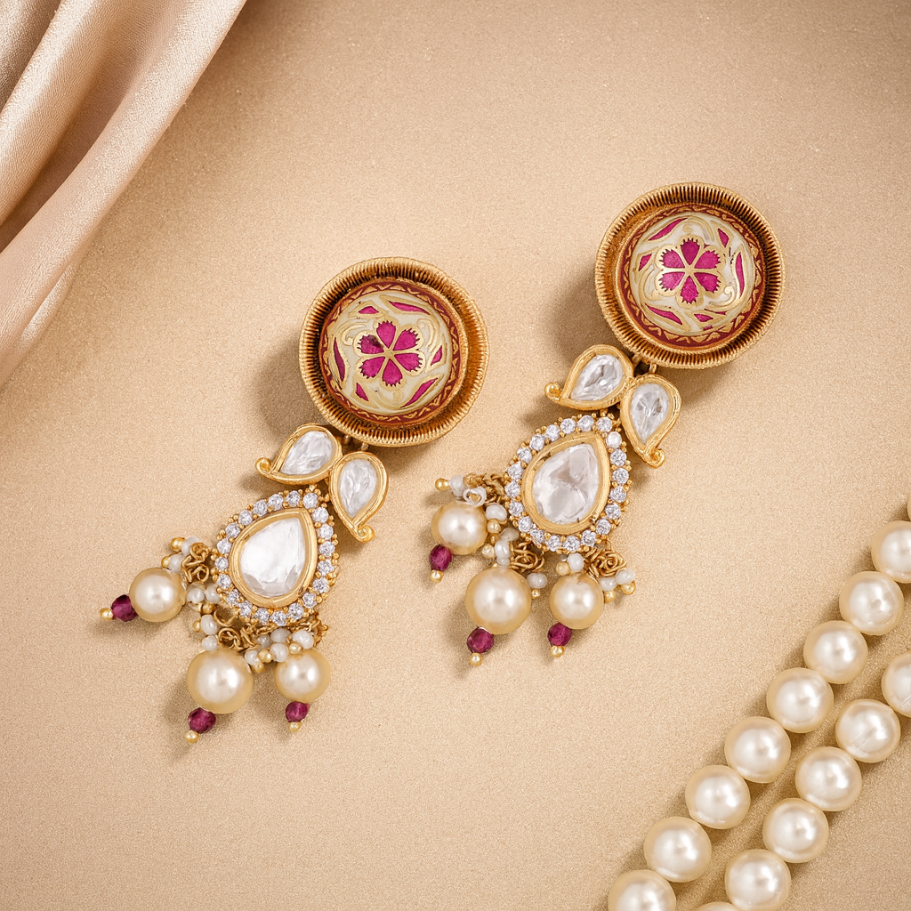 Ornate gold and pearl earrings on a beige background