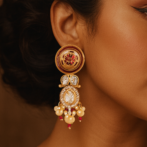 Woman wearing gold earrings with a warm brown background
