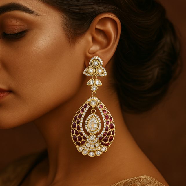 Woman wearing elaborate gold and red earrings against a warm brown background