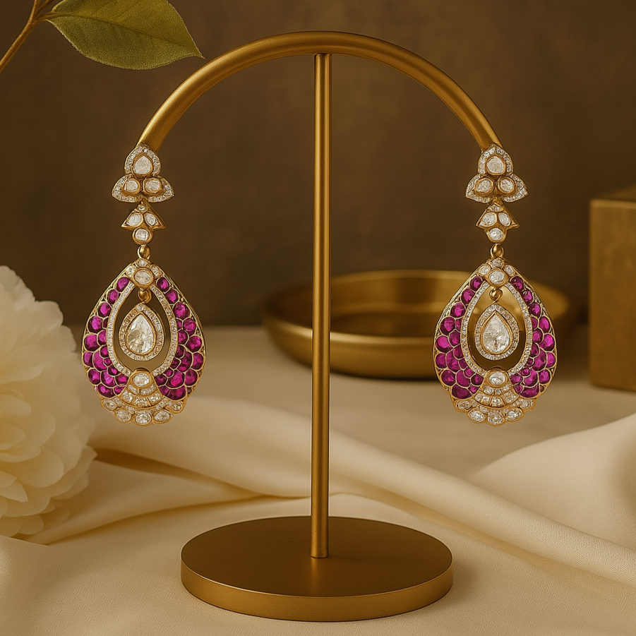 Ornate earrings with purple gemstones on a gold stand against a warm-toned background.