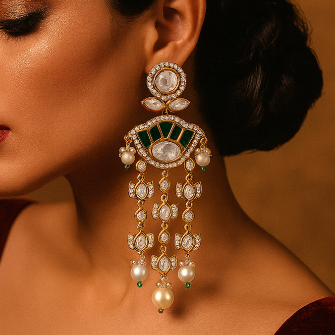 Woman wearing a pair of ornate earrings with a warm brown background