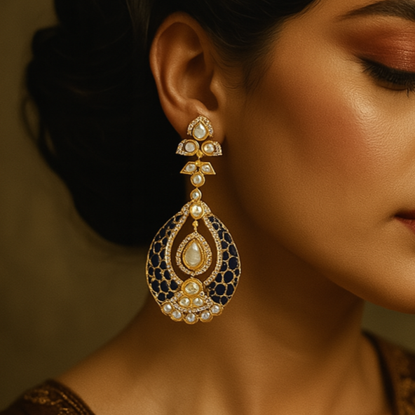 Woman wearing a pair of ornate earrings against a neutral background
