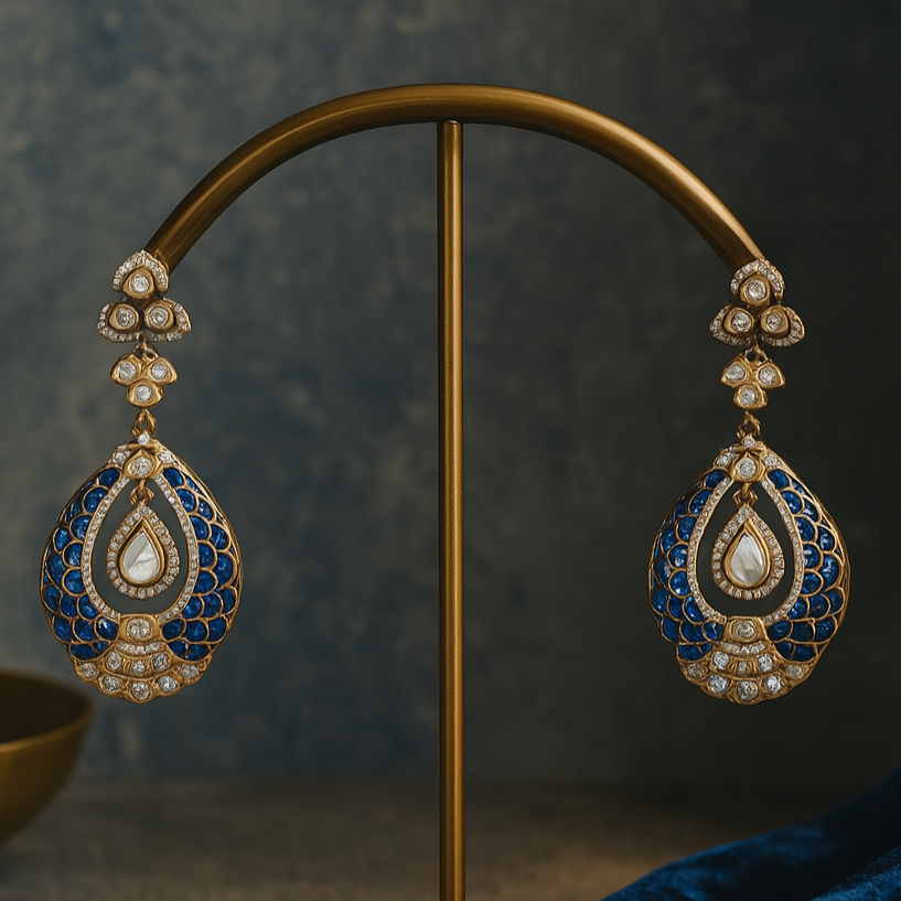 Pair of ornate earrings on a stand with a dark background