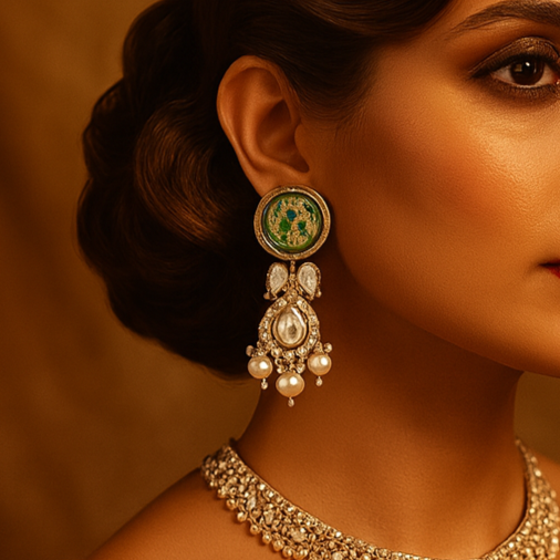 Woman wearing traditional jewelry with a warm brown background