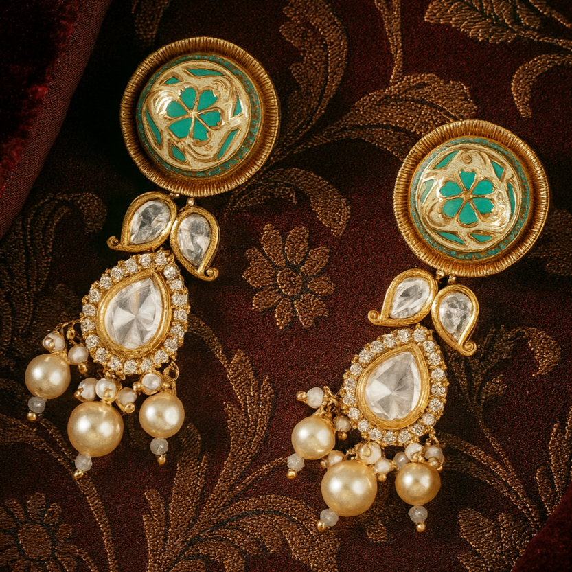Ornate earrings with pearls and gemstones on a patterned fabric background