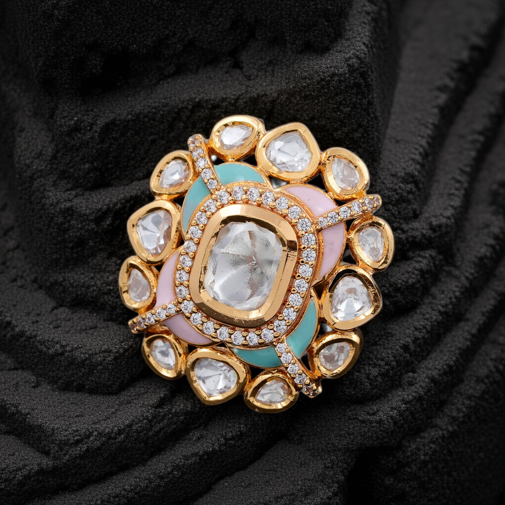 vibrant Minakari with polki center stone ring