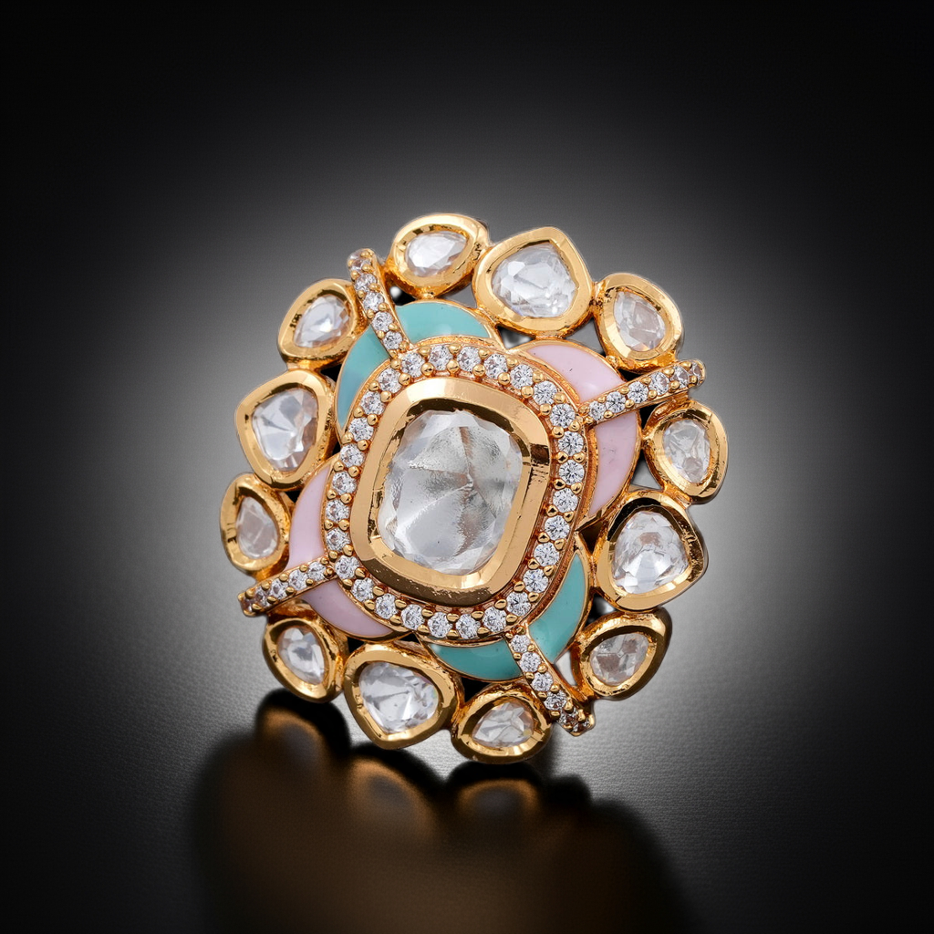 vibrant Minakari with polki center stone ring