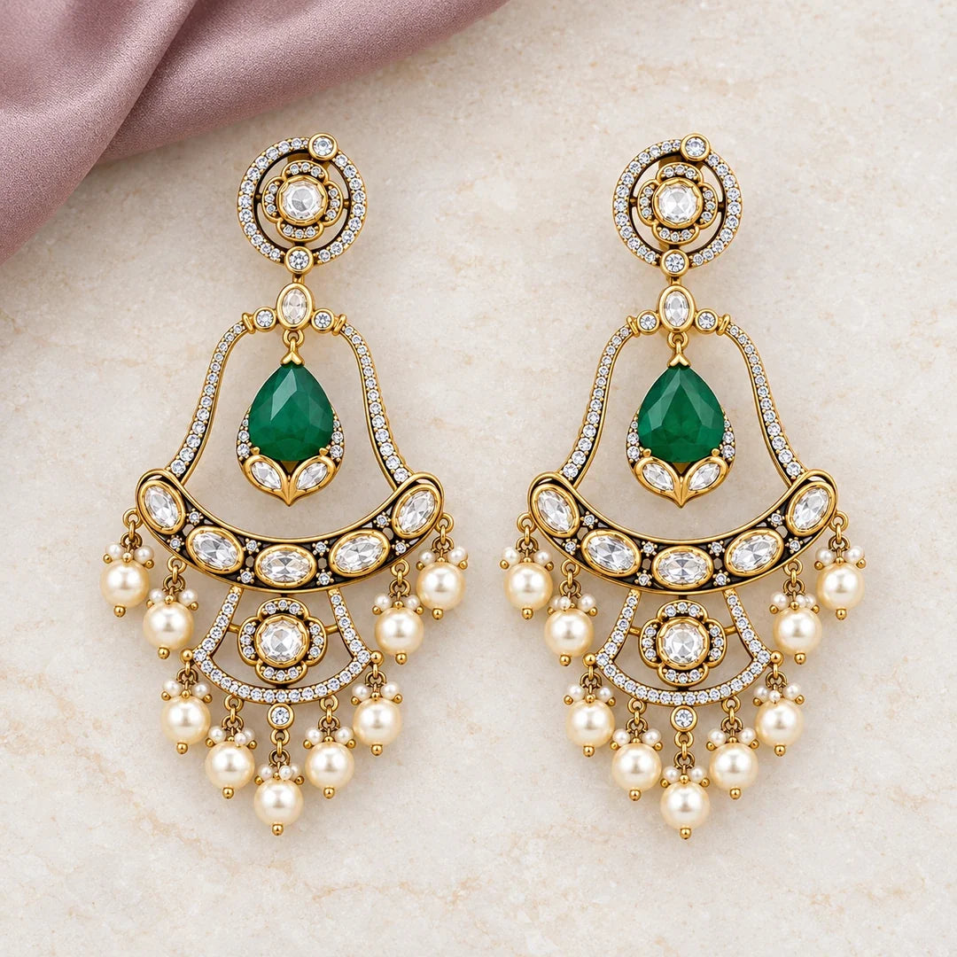 Pair of Kanaklata green and pearl-style chandelier earrings on cream stone beside mauve fabric, showing suspended green teardrops and clear oval stones.