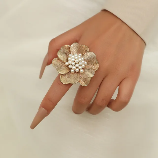 Golden Pearl Floral Ring