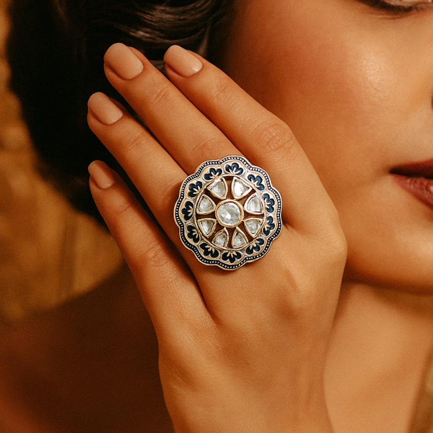 Blue minakari polki round ring