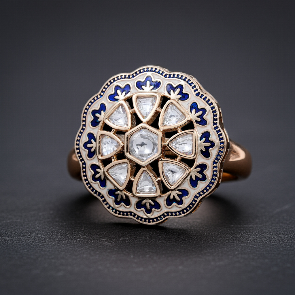Blue minakari polki round ring