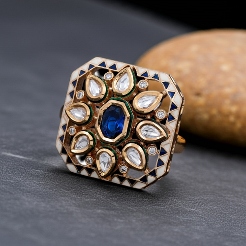 Blue Meenakari Polki Ring