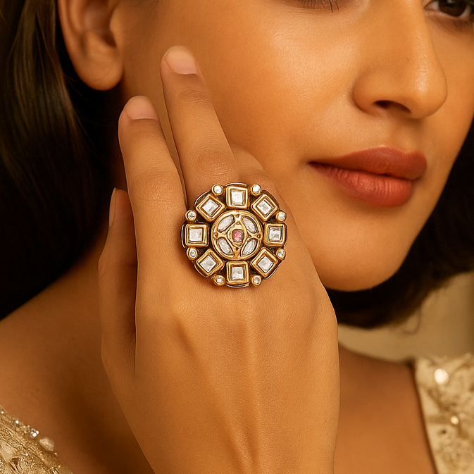 Cut Dia polki round ring with green border
