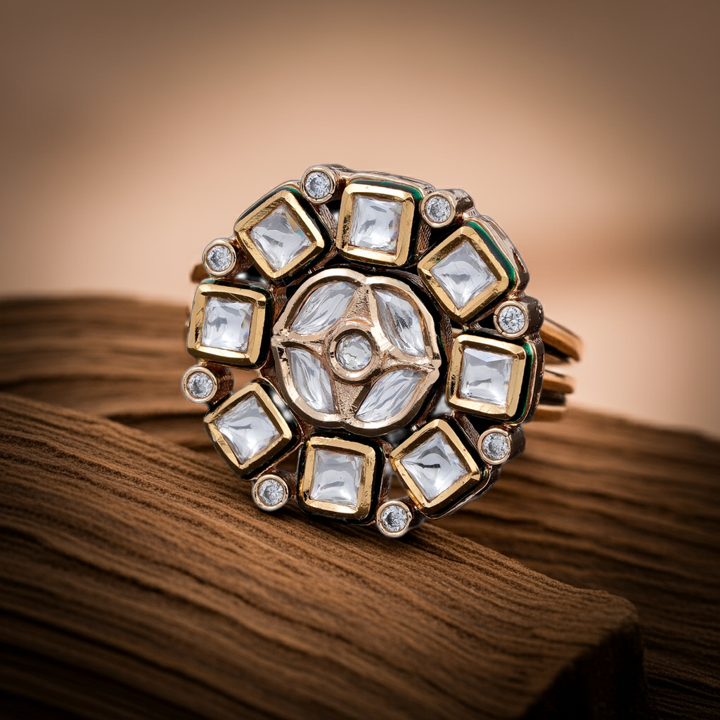 Cut Dia polki round ring with green border