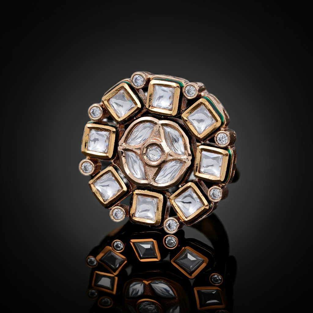 Cut Dia polki round ring with green border
