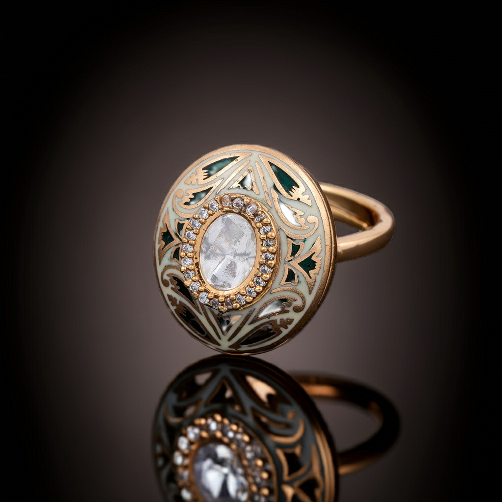Dark Green minakari & Polki oval ring