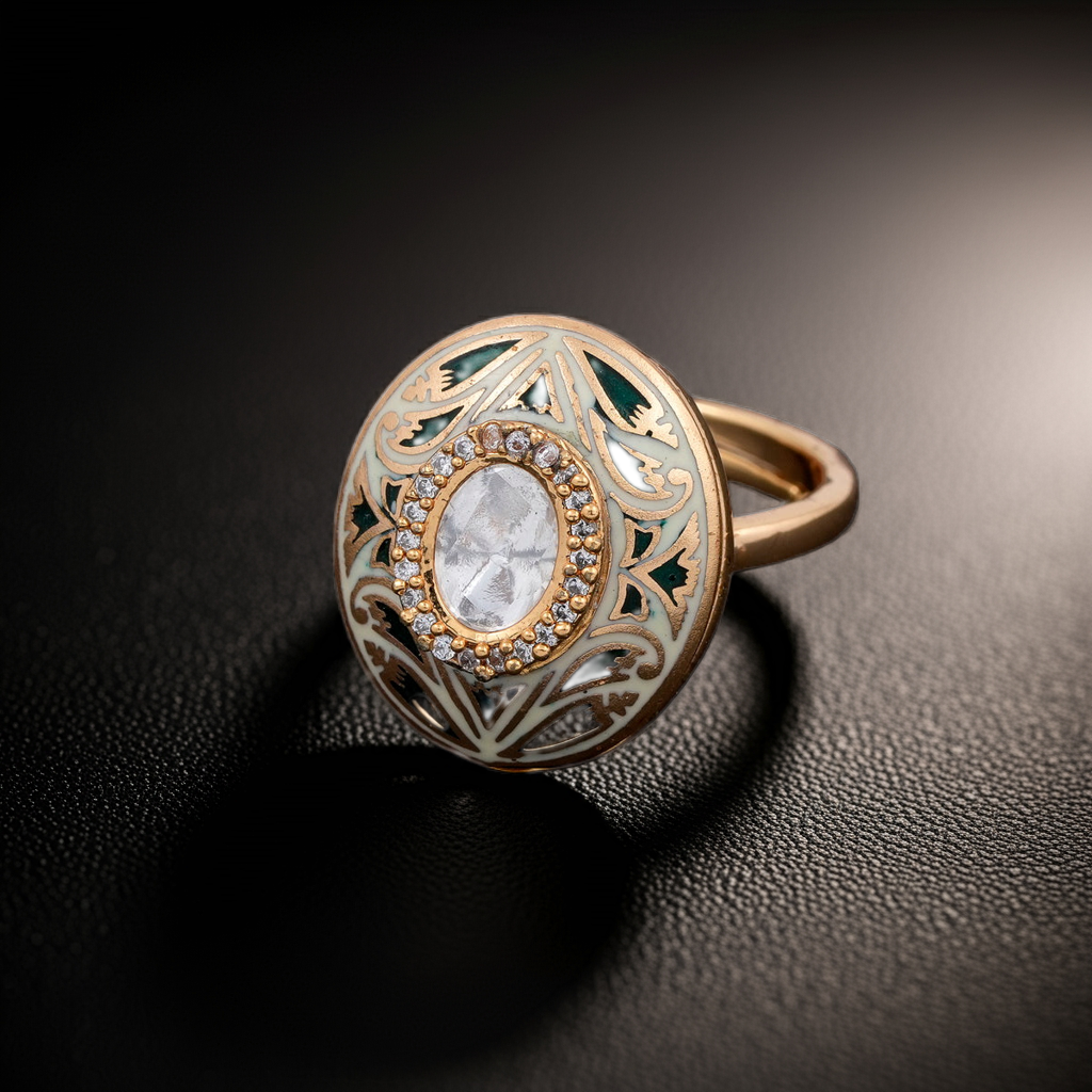 Dark Green minakari & Polki oval ring
