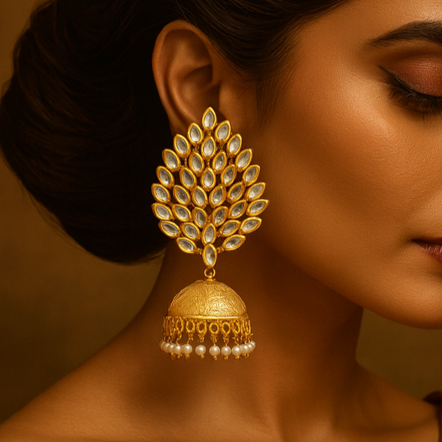 Woman wearing a pair of gold earrings with a warm brown background