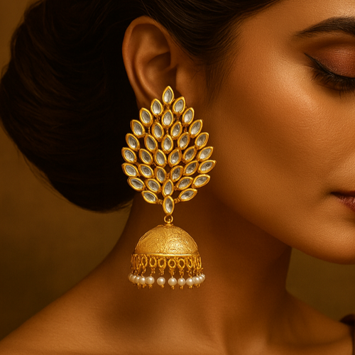 Woman wearing a pair of gold earrings with a warm brown background