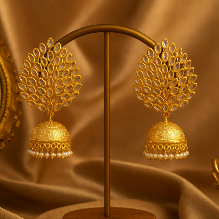 Gold earrings on a stand with a brown fabric background