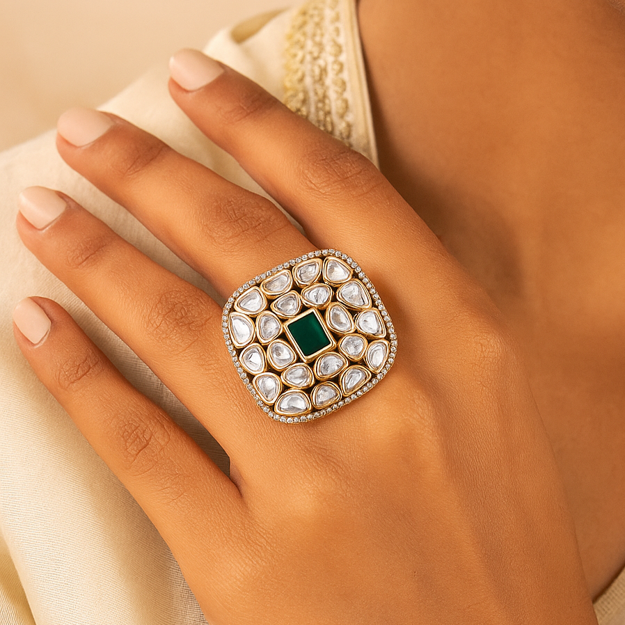 Emerald Green polki studded ring